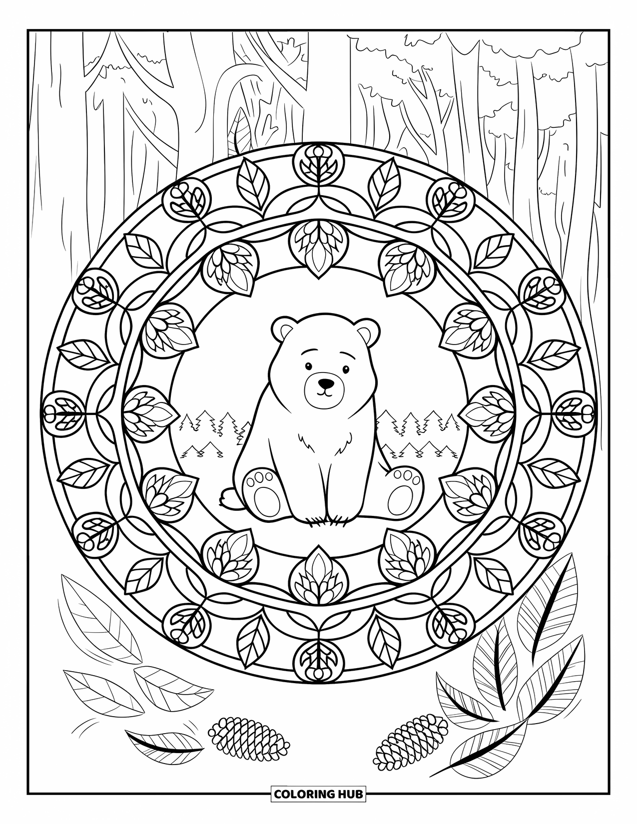 Brown Bear Coloring Page for Adults: A calm bear sits inside a forest mandala filled with leaves and pinecones