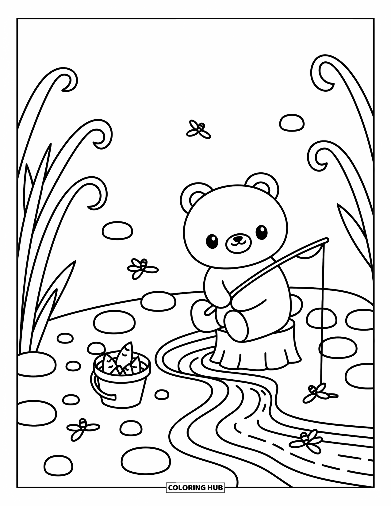 Brown Bear Coloring Page for Adults: A cozy bear fishes near a river with dragonflies and soft round stones