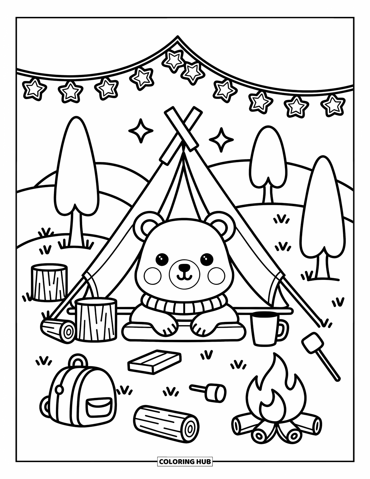 Brown Bear Coloring Page for Adults: A cozy bear peeks from a tent lit with stars beside logs and marshmallows