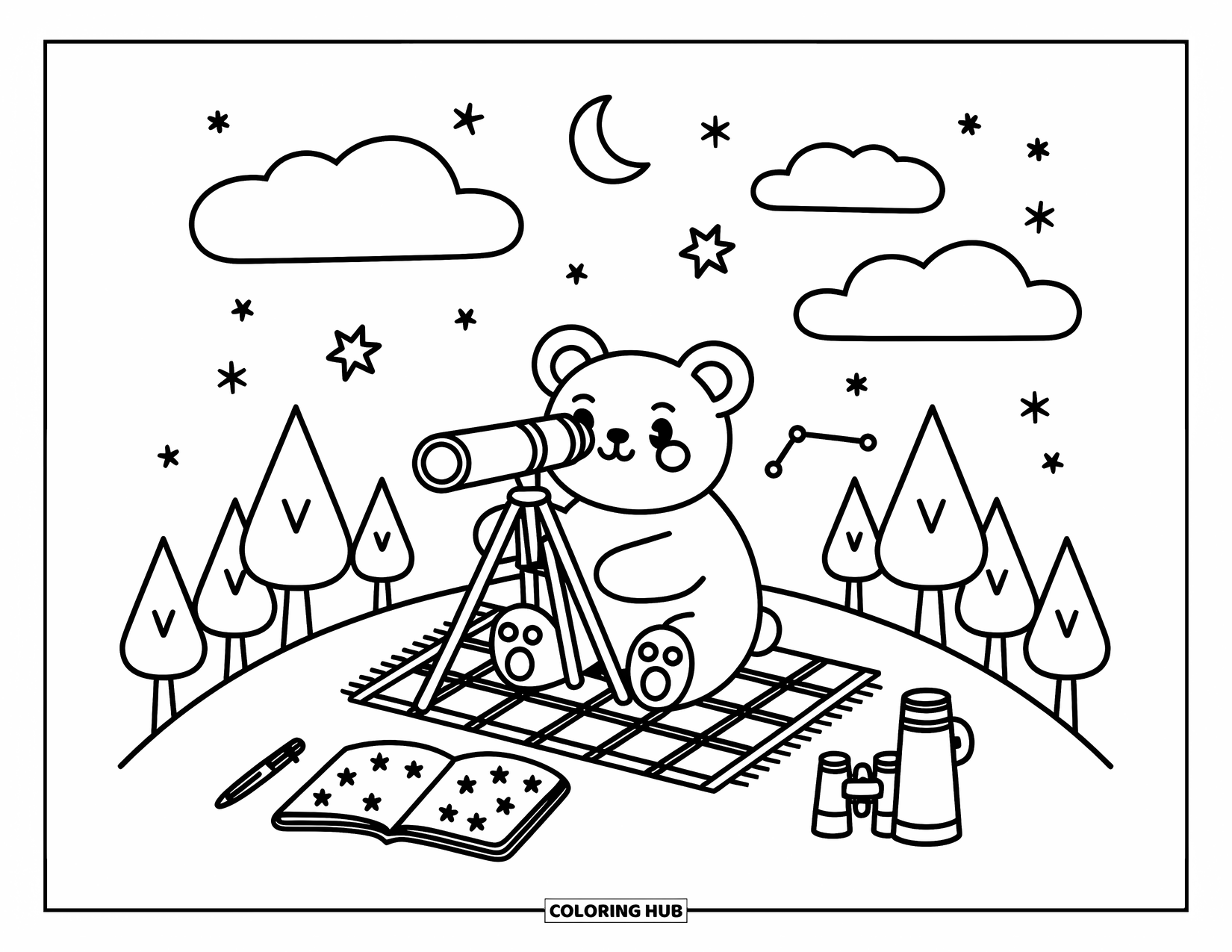 Brown Bear Coloring Page for Adults: A cuddly bear watches the stars from a hilltop with cozy camping gear