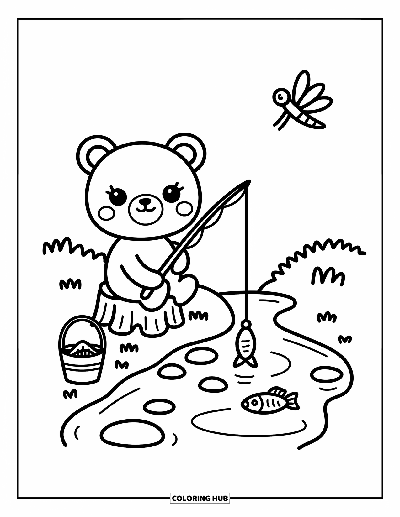 Brown Bear Coloring Page for Adults: A cute bear fishes beside a stream with a bucket of fish and a dragonfly