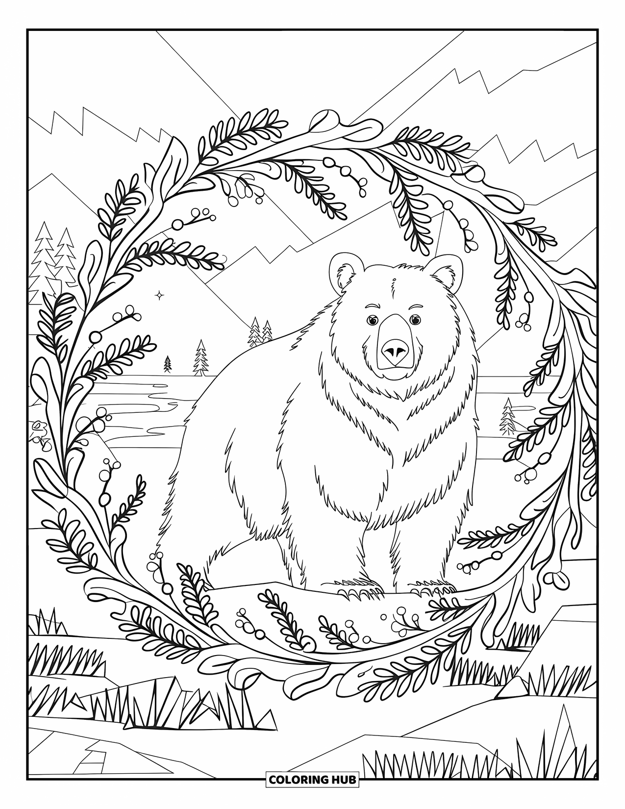 Brown Bear Coloring Page for Adults: A majestic bear stands on a rock surrounded by swirling vines and forest leaves