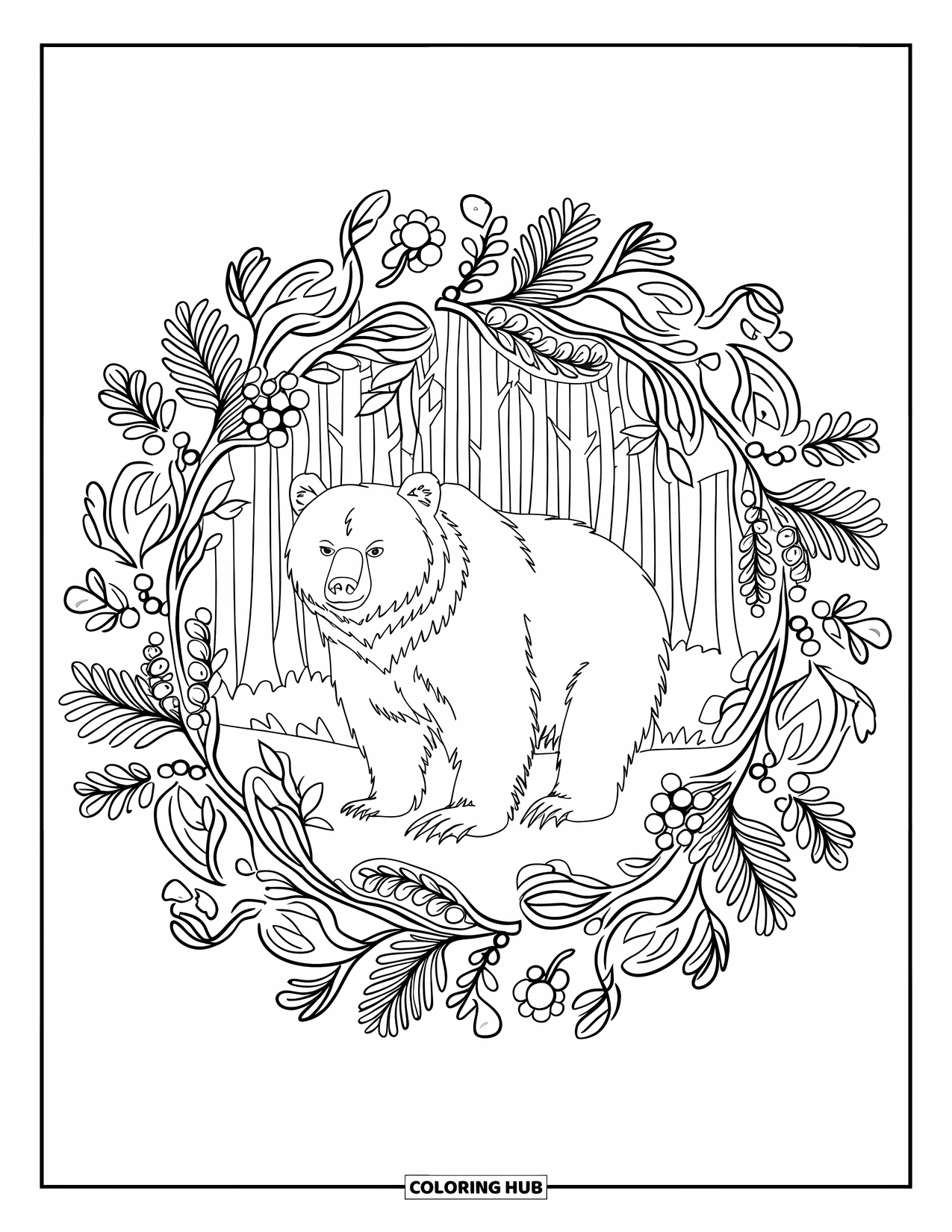 Brown Bear Coloring Page for Adults: A noble bear is framed by a mandala of vines, berries, and leafy branches