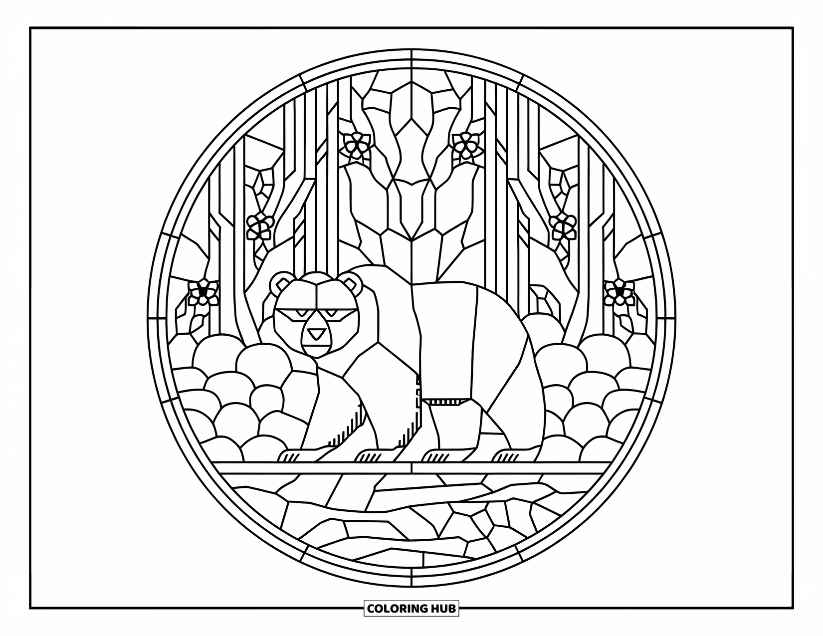 Brown Bear Coloring Page for Adults: A noble bear rests inside a stained-glass circle filled with trees, flowers, and river stones