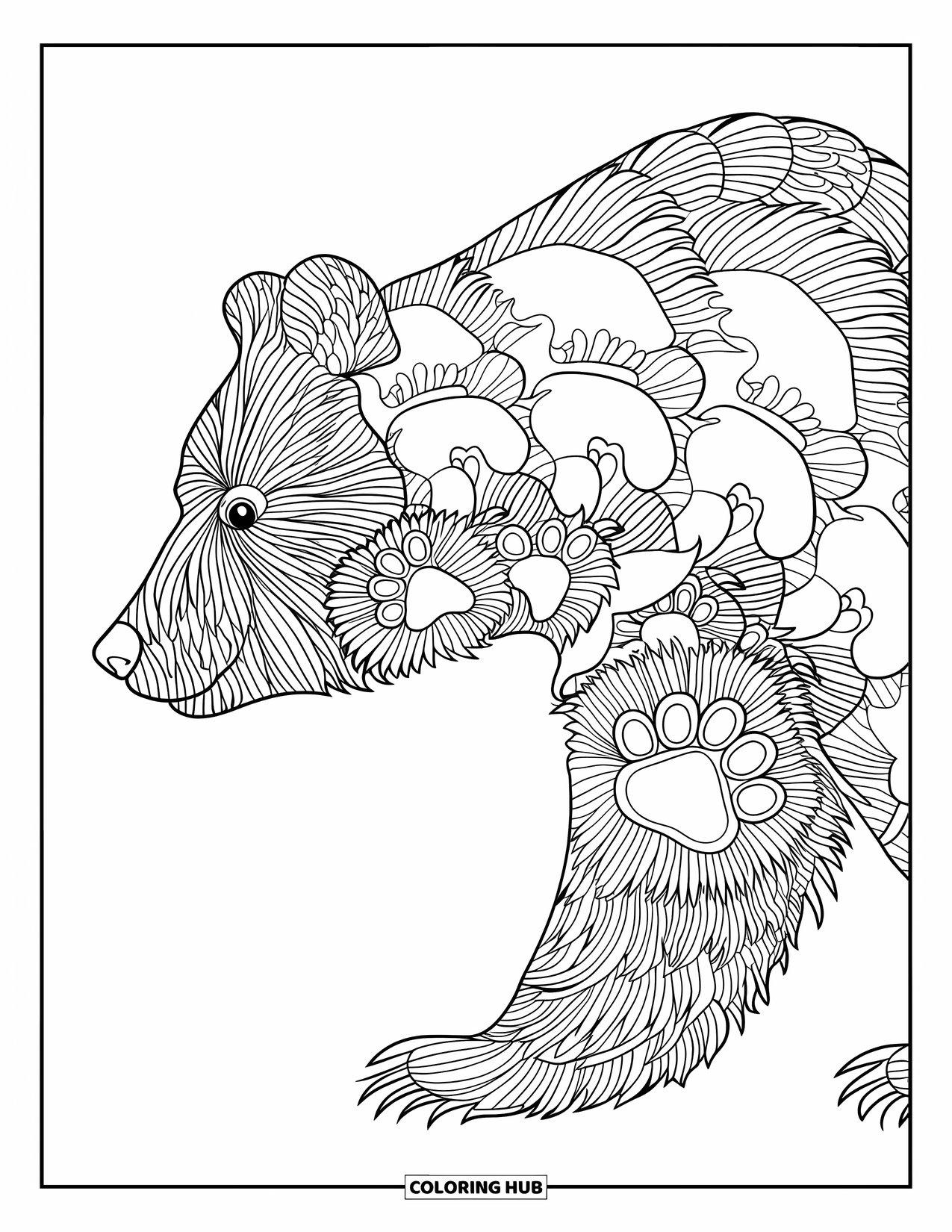 Brown Bear Coloring Page for Adults: A profile bear stands in a mandala made of nature-inspired patterns and textures