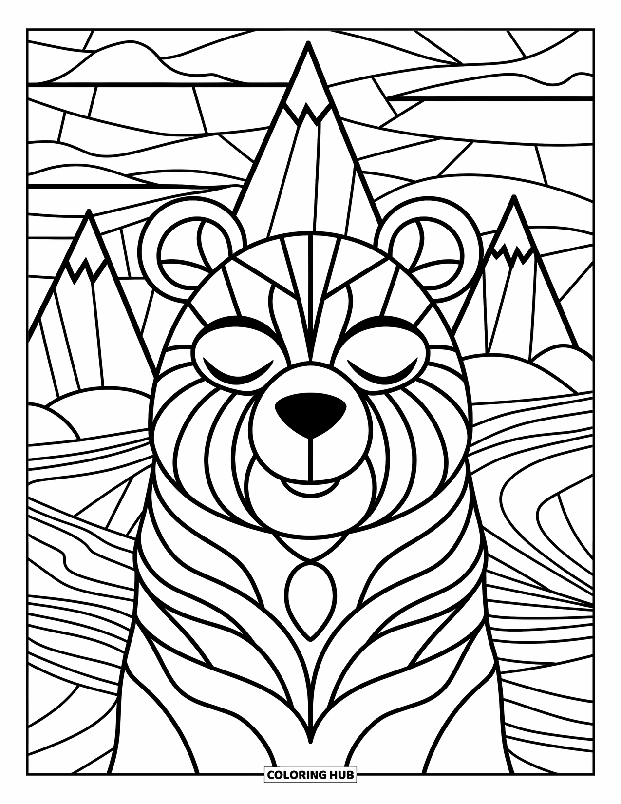 Brown Bear Coloring Page for Adults: A smiling bear's face rests peacefully within a scene of abstract mountains and rivers