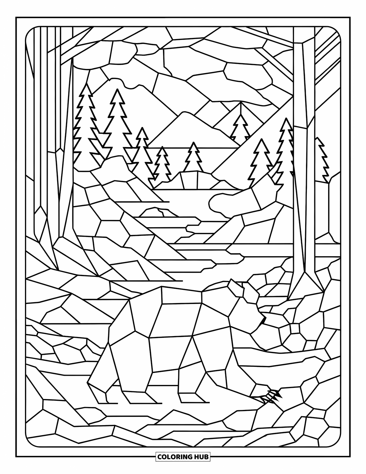Brown Bear Coloring Page for Adults: A stained-glass forest scene surrounds a walking bear with geometric trees and flowing water