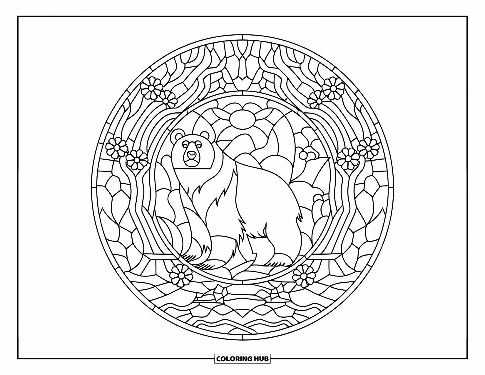 Brown Bear Coloring Page for Adults: A stately bear is centered in a circular stained-glass forest scene with river rocks