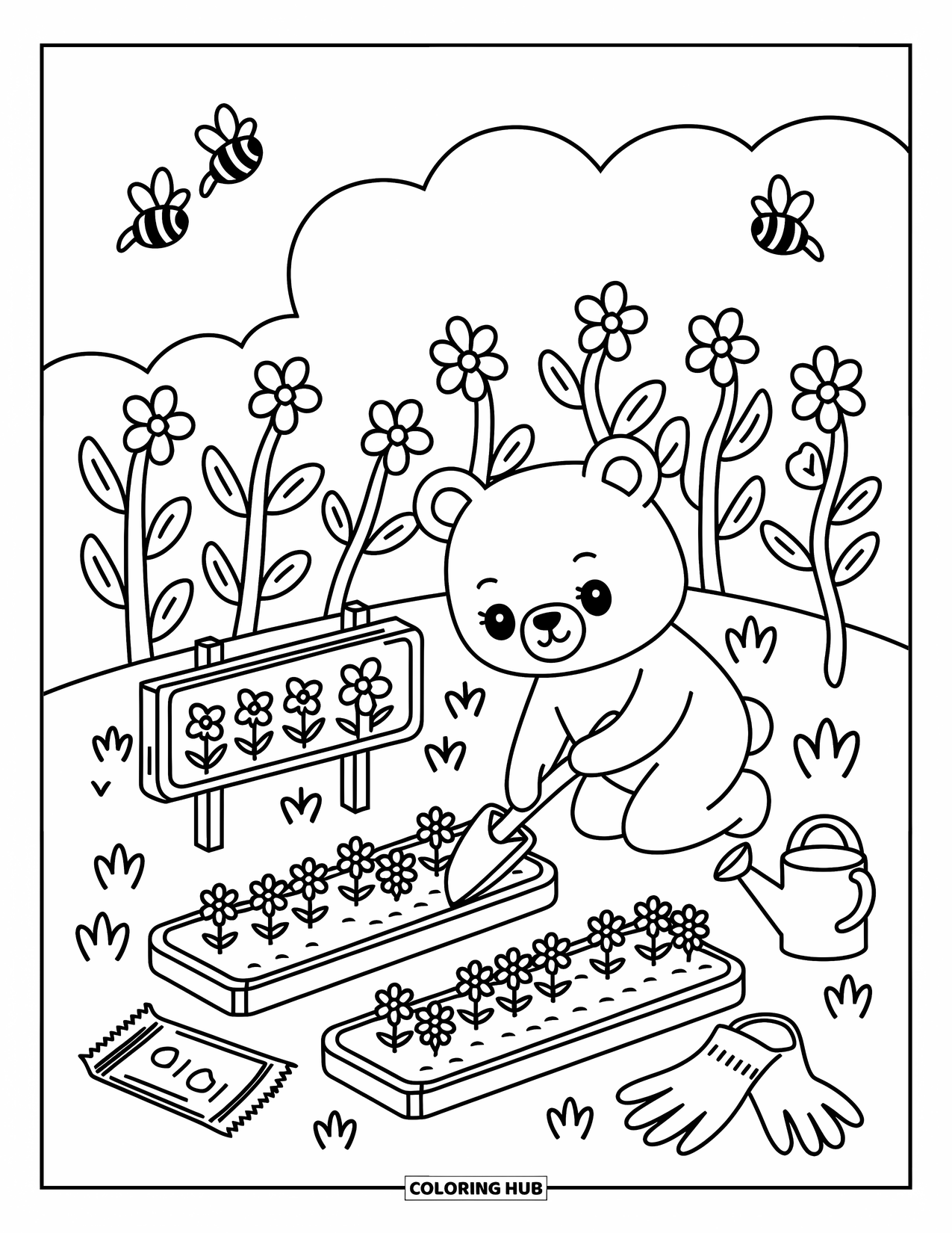 Brown Bear Coloring Page for Adults: A tiny bear gardens with flowers, seed packets, and playful bees above