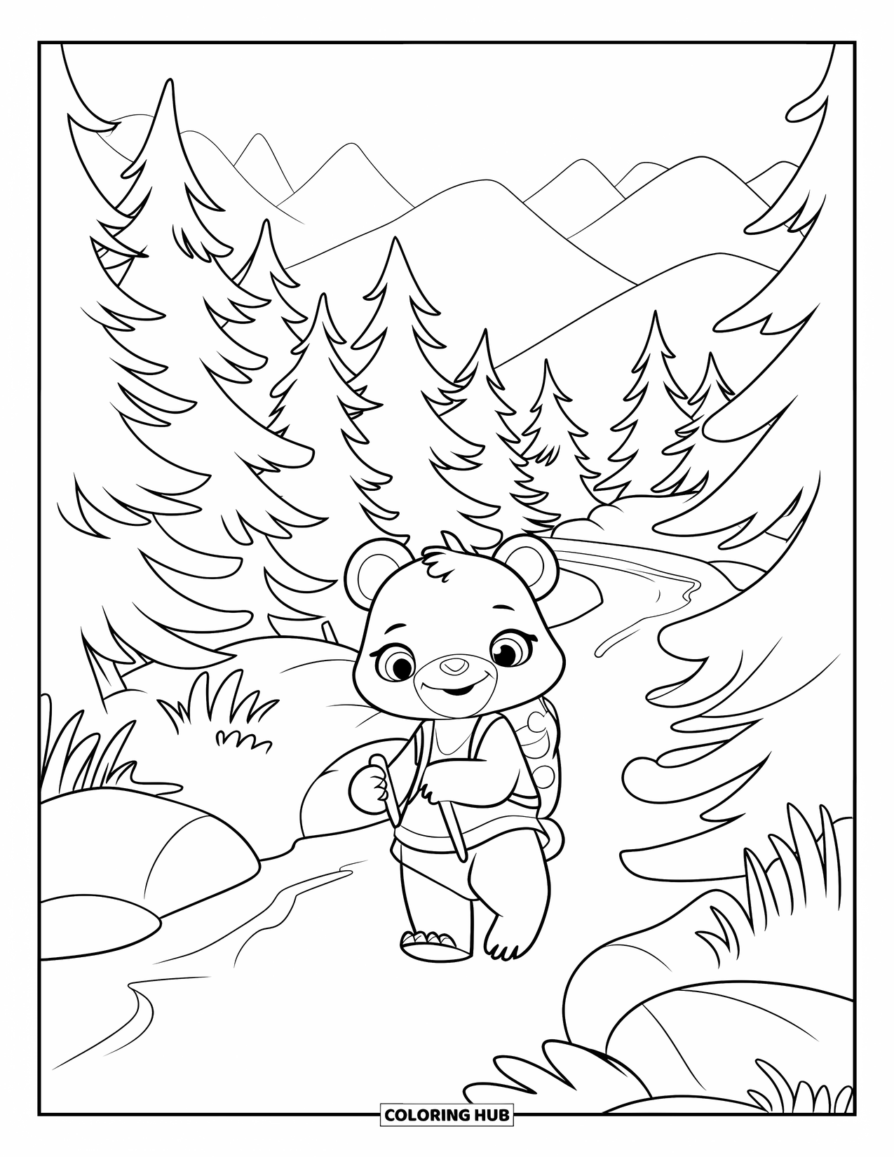 Brown Bear Coloring Page for Kids: A baby bear hikes a pine trail with a stick and tiny backpack