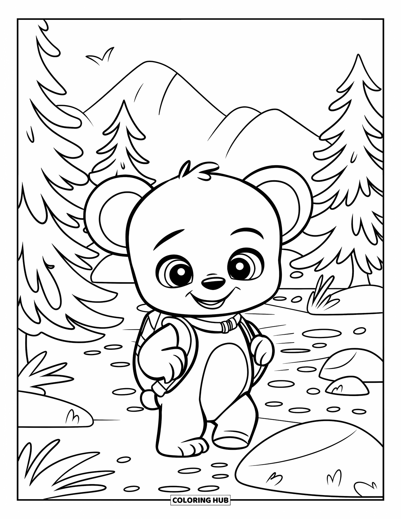 Brown Bear Coloring Page for Kids: A baby bear walks a forest trail with a pink collar and small backpack