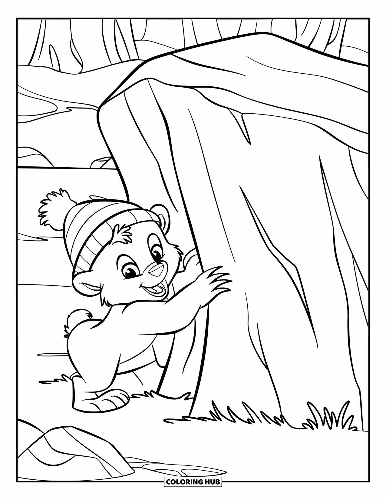 Brown Bear Coloring Page for Kids: A bear cub plays hide-and-seek behind a big rock in the forest