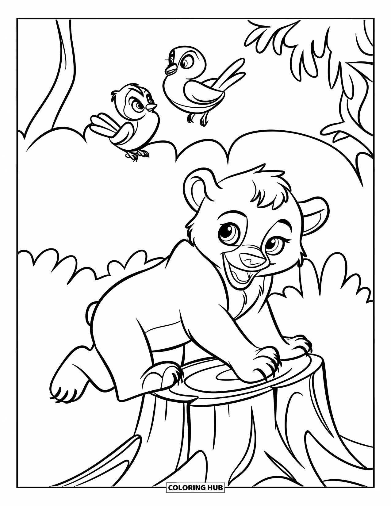 Brown Bear Coloring Page for Kids: A bear cub tries to climb a stump while birds watch from above