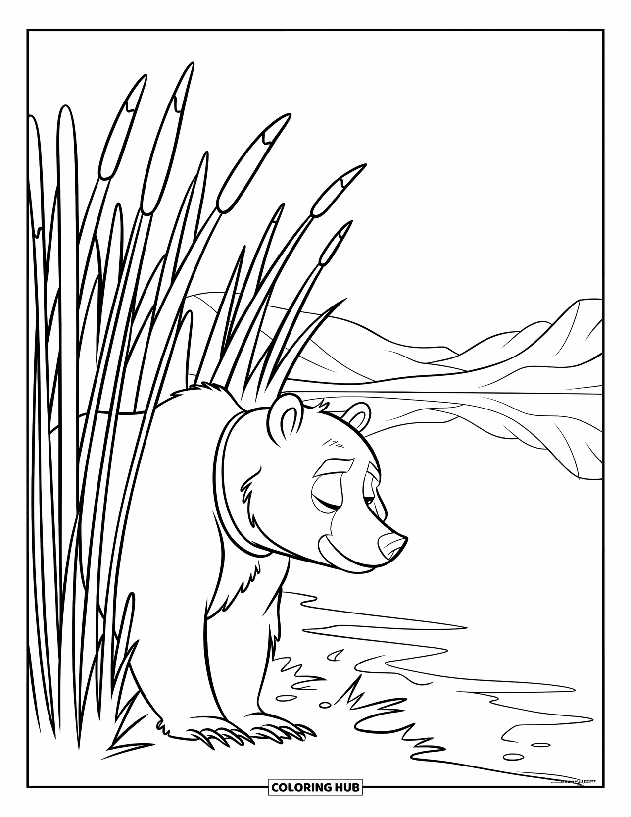 Brown Bear Coloring Page for Kids: A bear in a collar sneaks near reeds beside a still, reflective lake