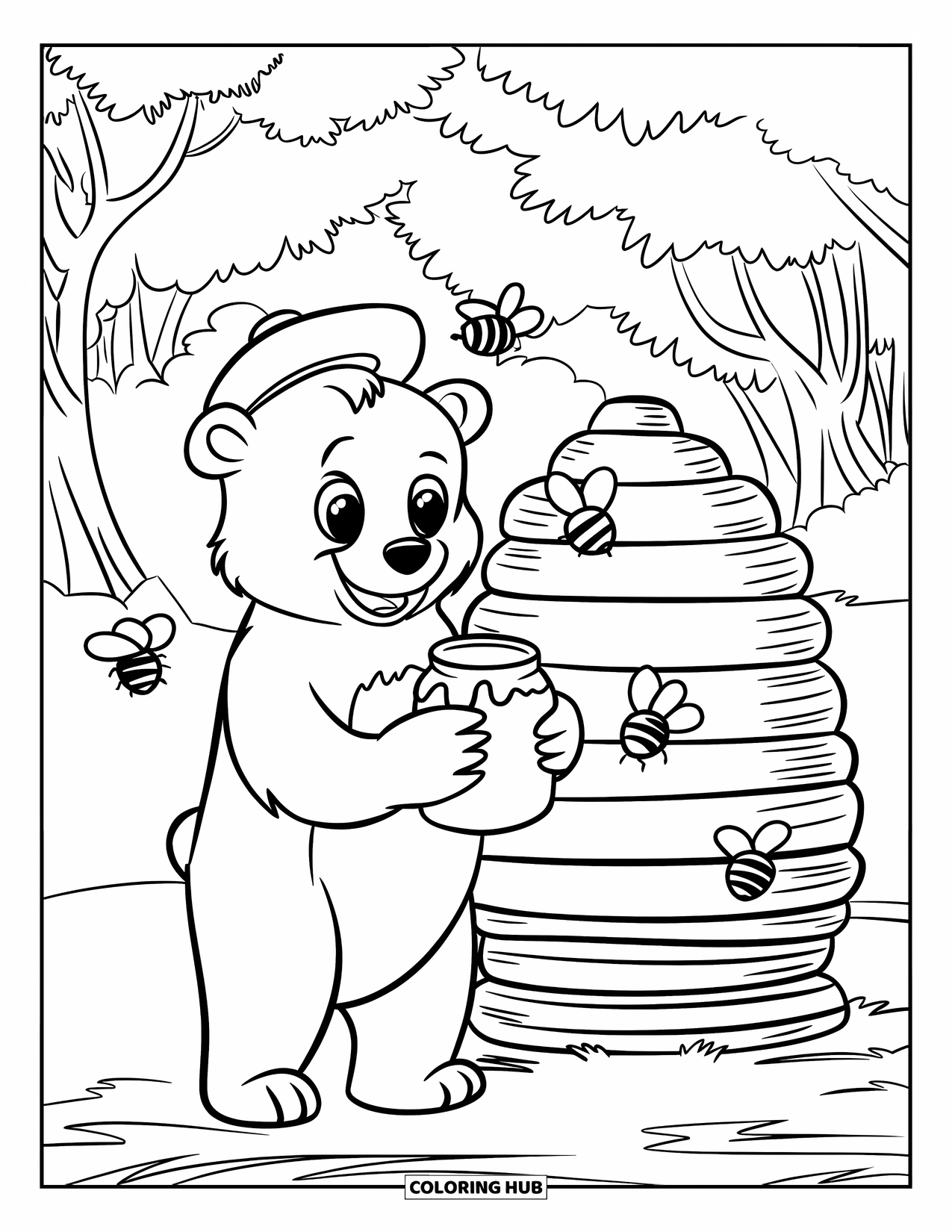 Brown Bear Coloring Page for Kids: A bear in a green hat holds honey near a hive with flying bees