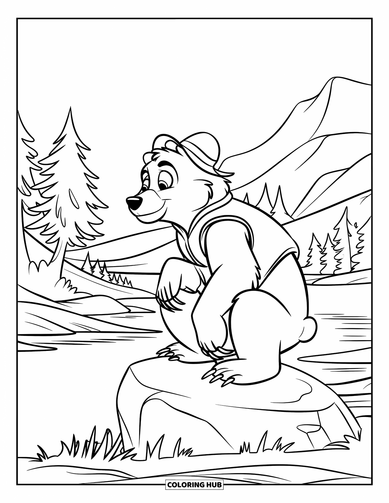 Brown Bear Coloring Page for Kids: A bear in a vest and hat watches the valley from a high boulder