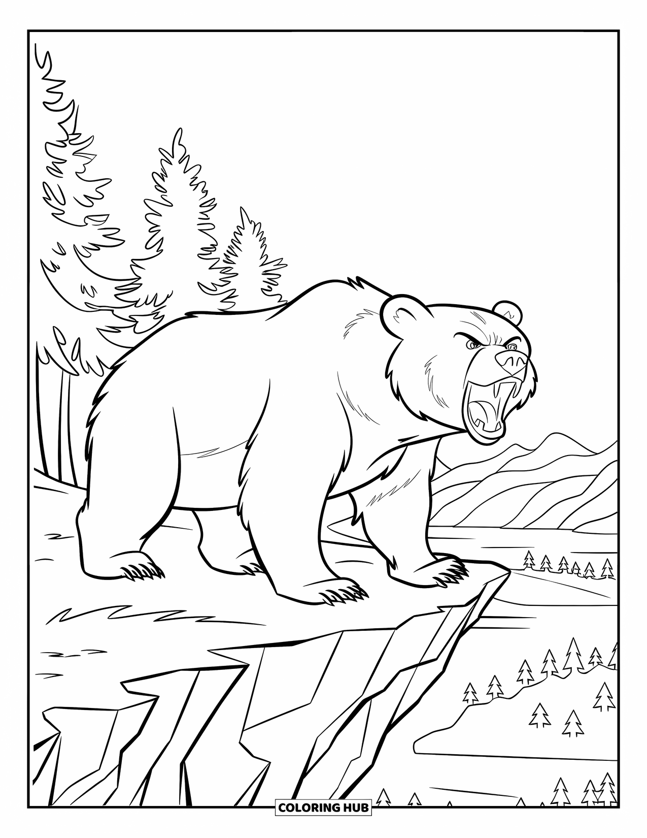 Brown Bear Coloring Page for Kids: A bear lets out a roar on a cliff with a mountain view behind