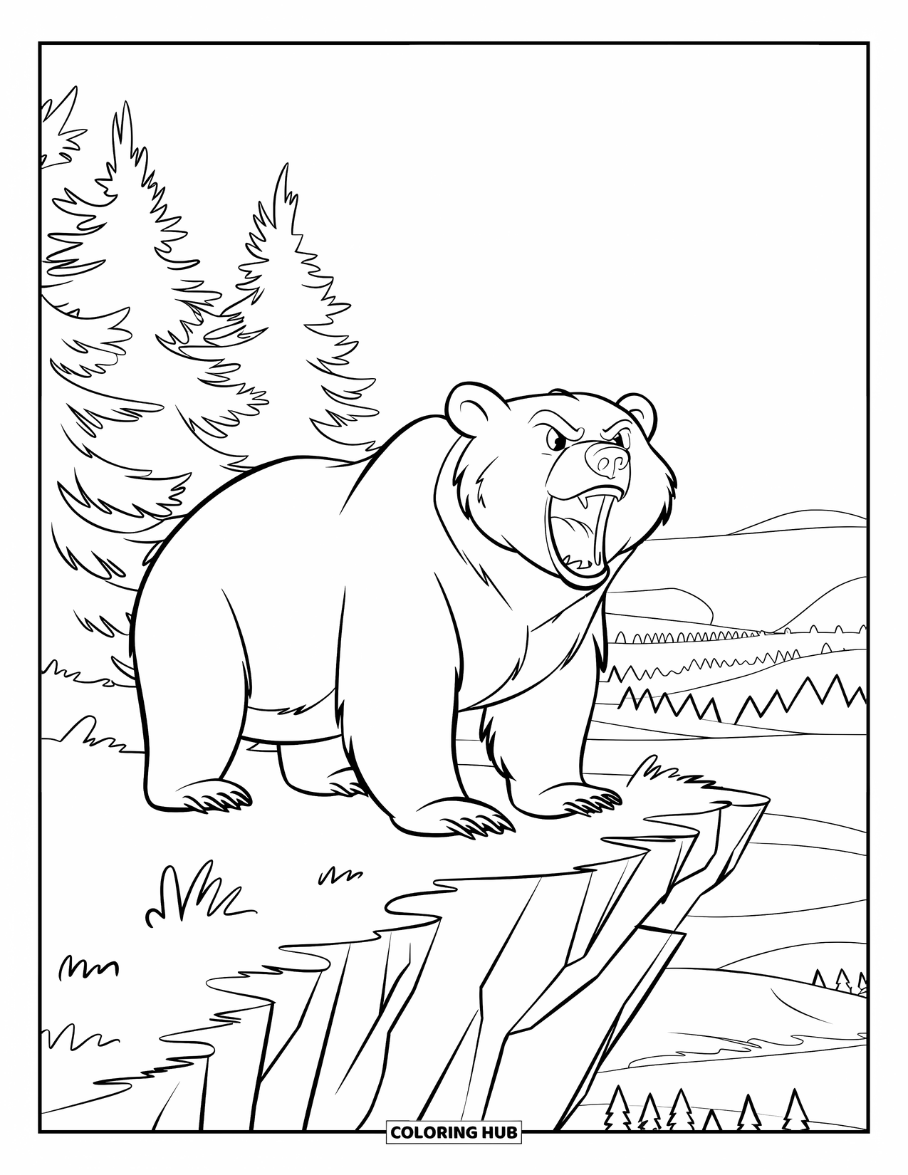 Brown Bear Coloring Page for Kids: A bear roars from a cliff above a vast forest and lake