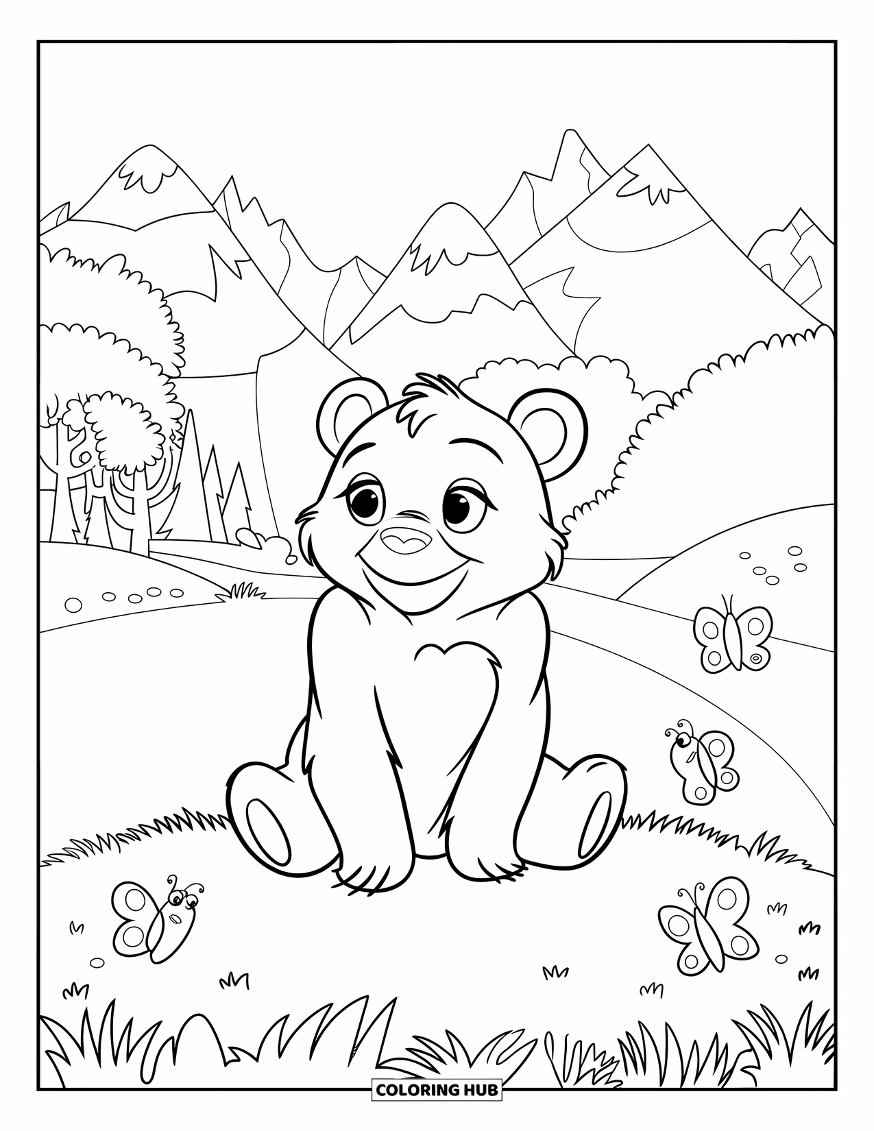 Brown Bear Coloring Page for Kids: A bear sits quietly on a hill with butterflies and mountain views