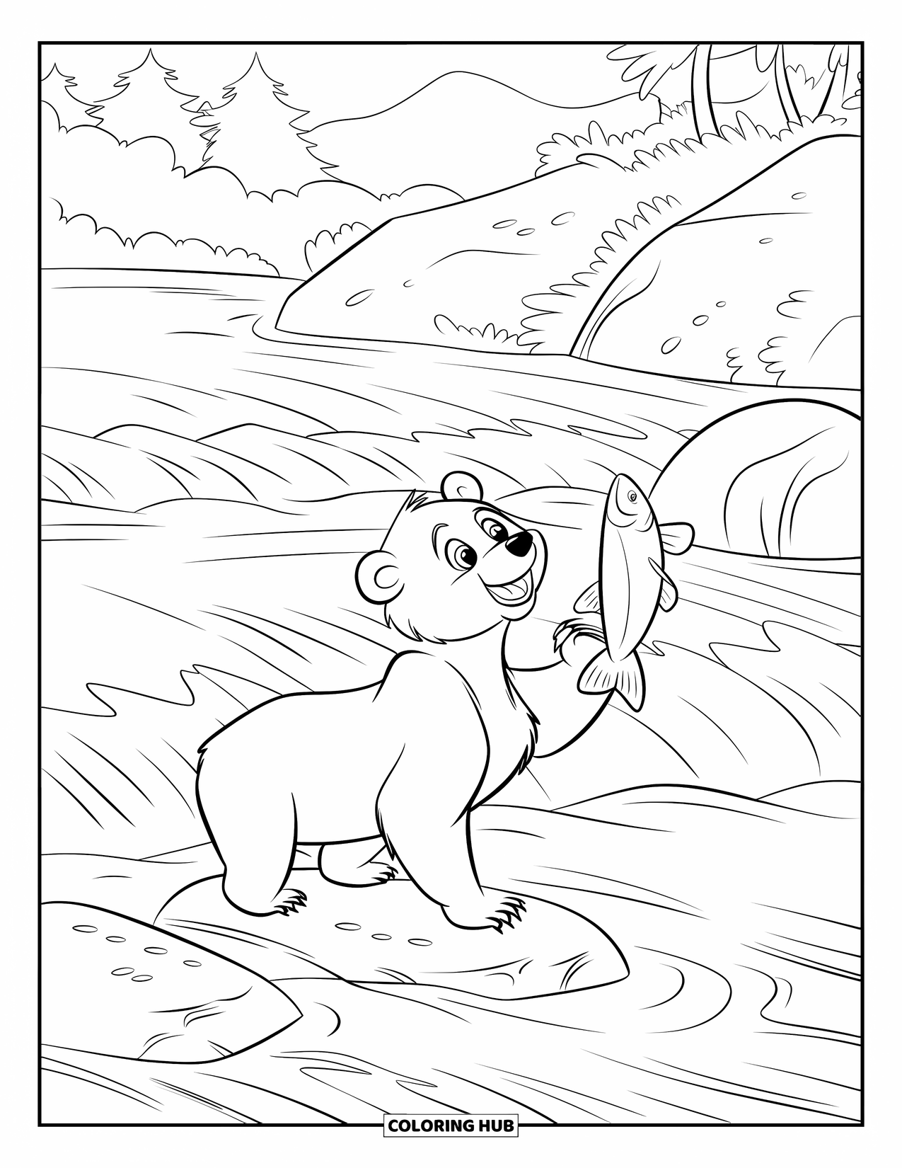 Brown Bear Coloring Page for Kids: A bear snatches a salmon from the rushing water, surrounded by rocks and trees