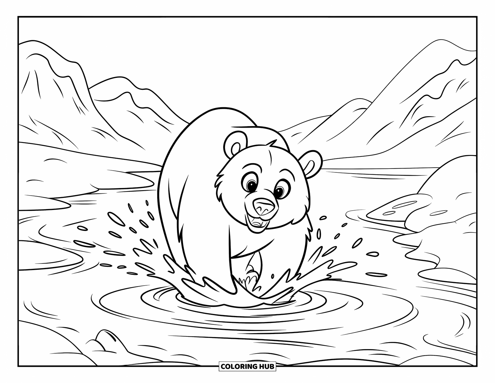 Brown Bear Coloring Page for Kids: A bear splashes joyfully in a shallow stream with mountains in the distance