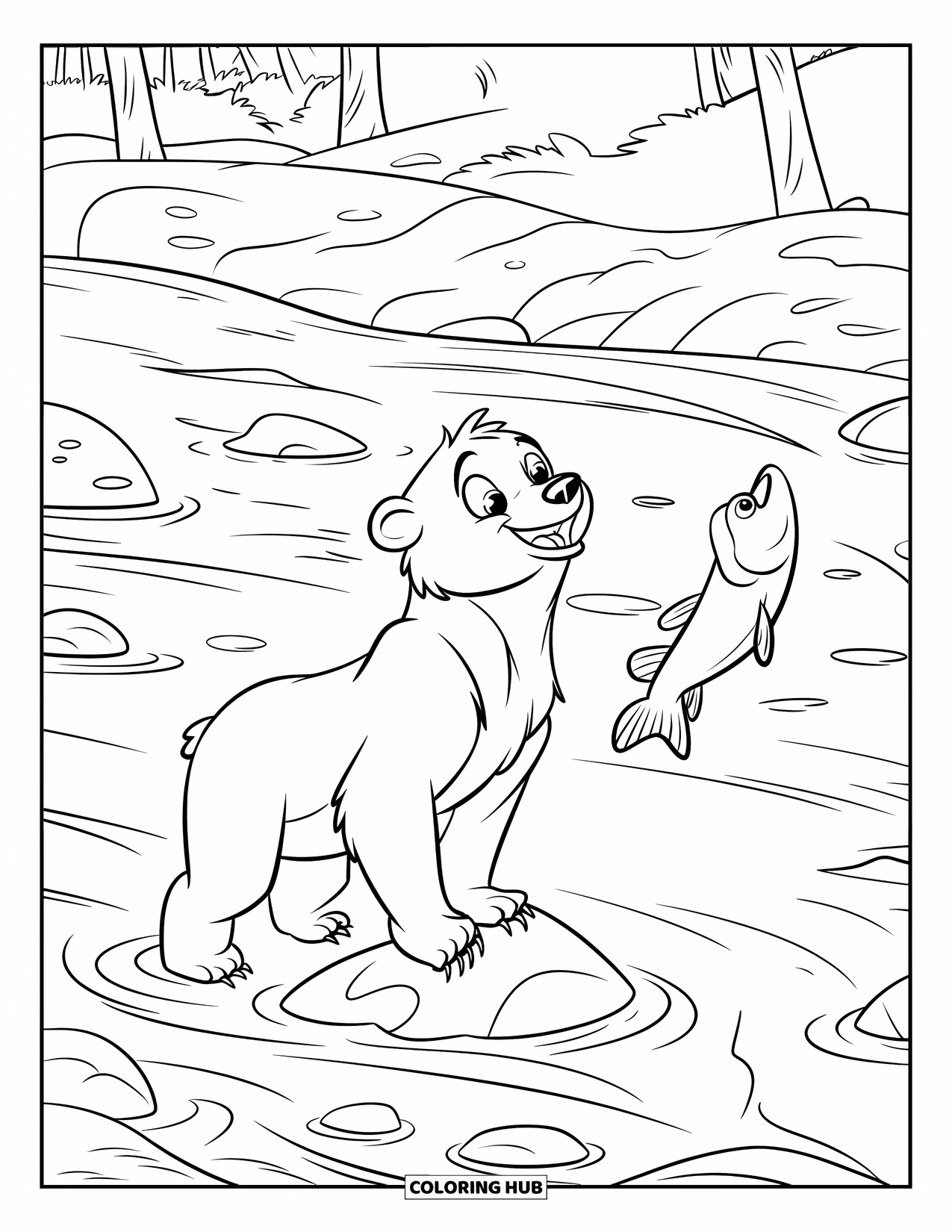 Brown Bear Coloring Page for Kids: A bear stands on a rock, catching a salmon from the foamy river