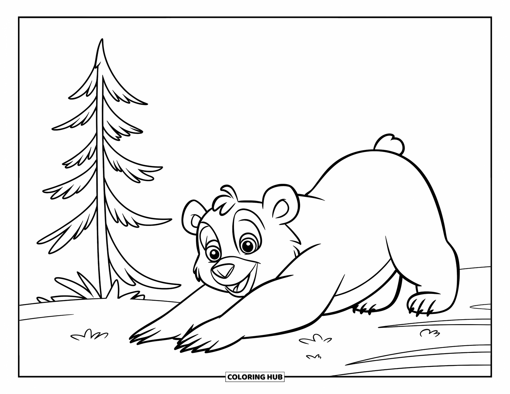 Brown Bear Coloring Page for Kids: A cheerful bear in a red shirt stretches in a bright green meadow
