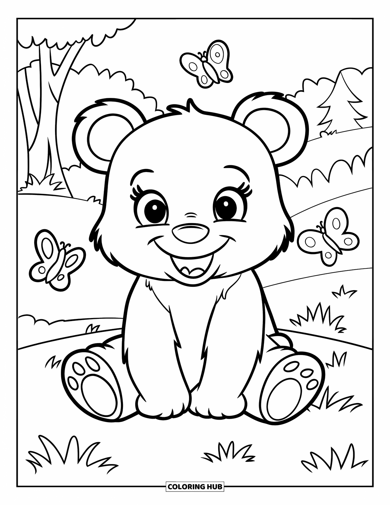 Brown Bear Coloring Page for Kids: A cheerful bear sits on a grassy hill as butterflies flutter nearby