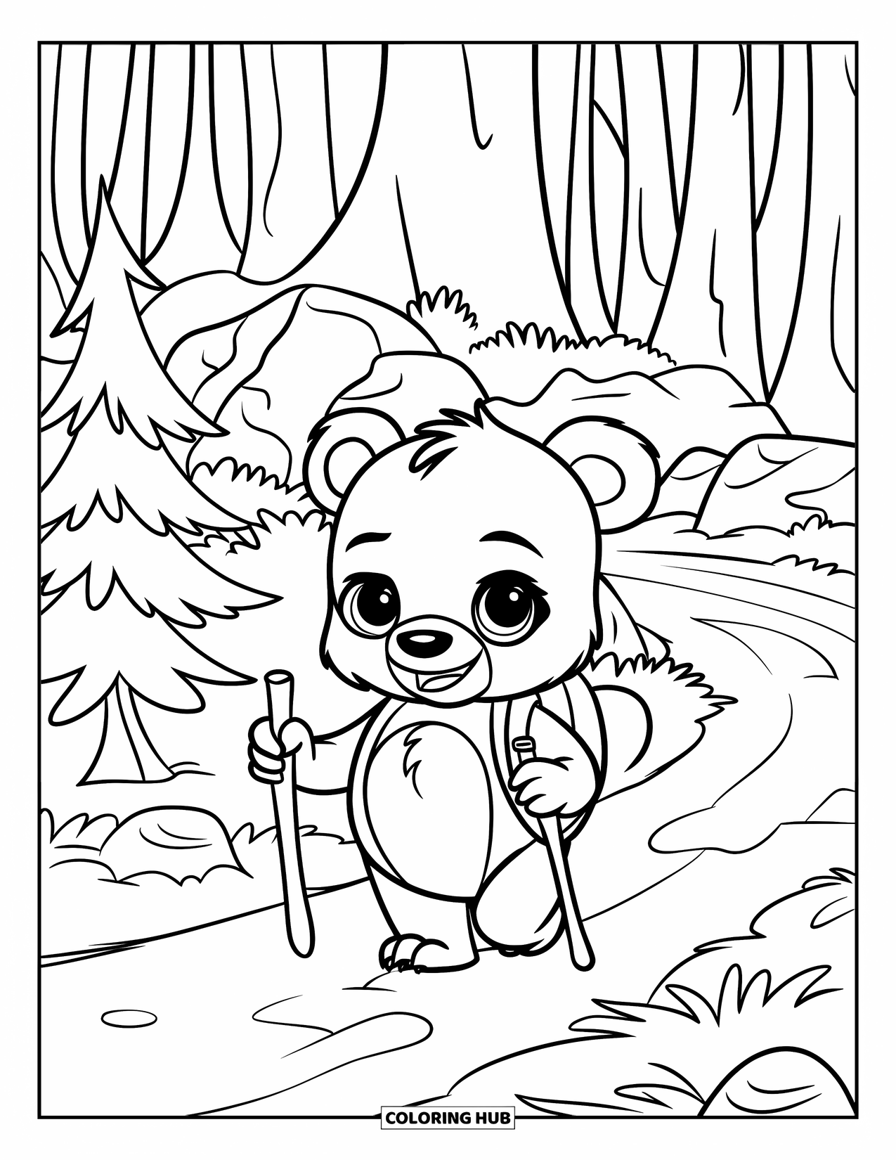 Brown Bear Coloring Page for Kids: A cub with a stick and backpack explores a rocky forest trail