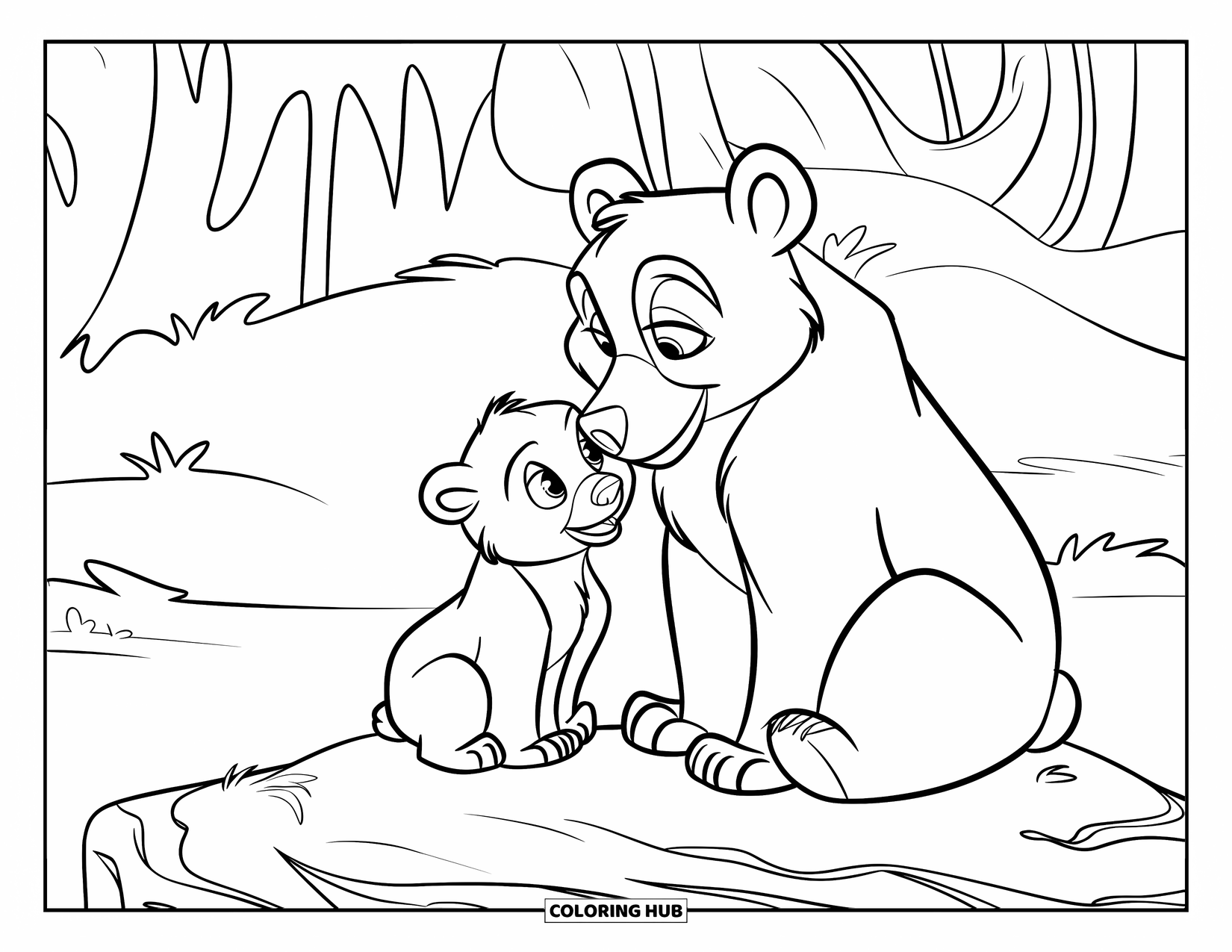 Brown Bear Coloring Page for Kids: A curious bear cub looks up as mom gives a gentle nudge