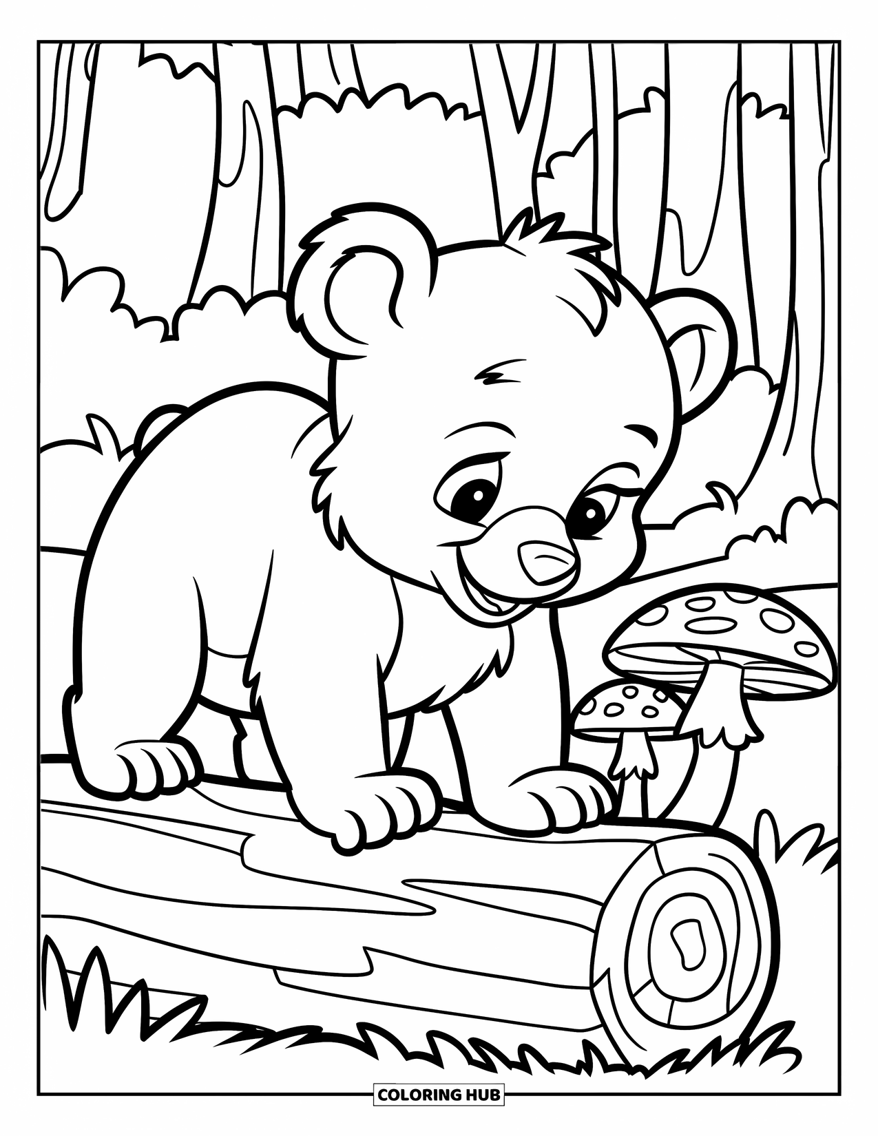 Brown Bear Coloring Page for Kids: A curious bear stands on a log beside two mushrooms in the woods