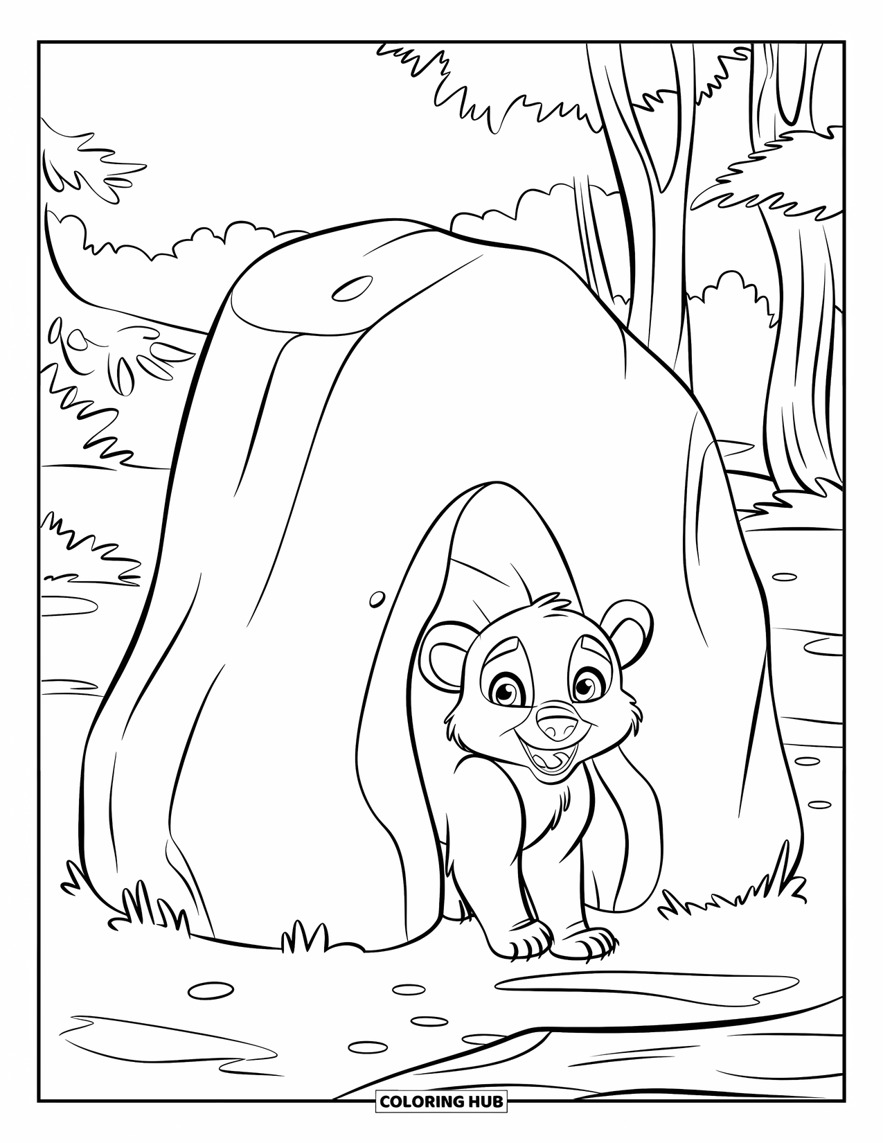 Brown Bear Coloring Page for Kids: A curious cub peeks from behind a rock with trees all around