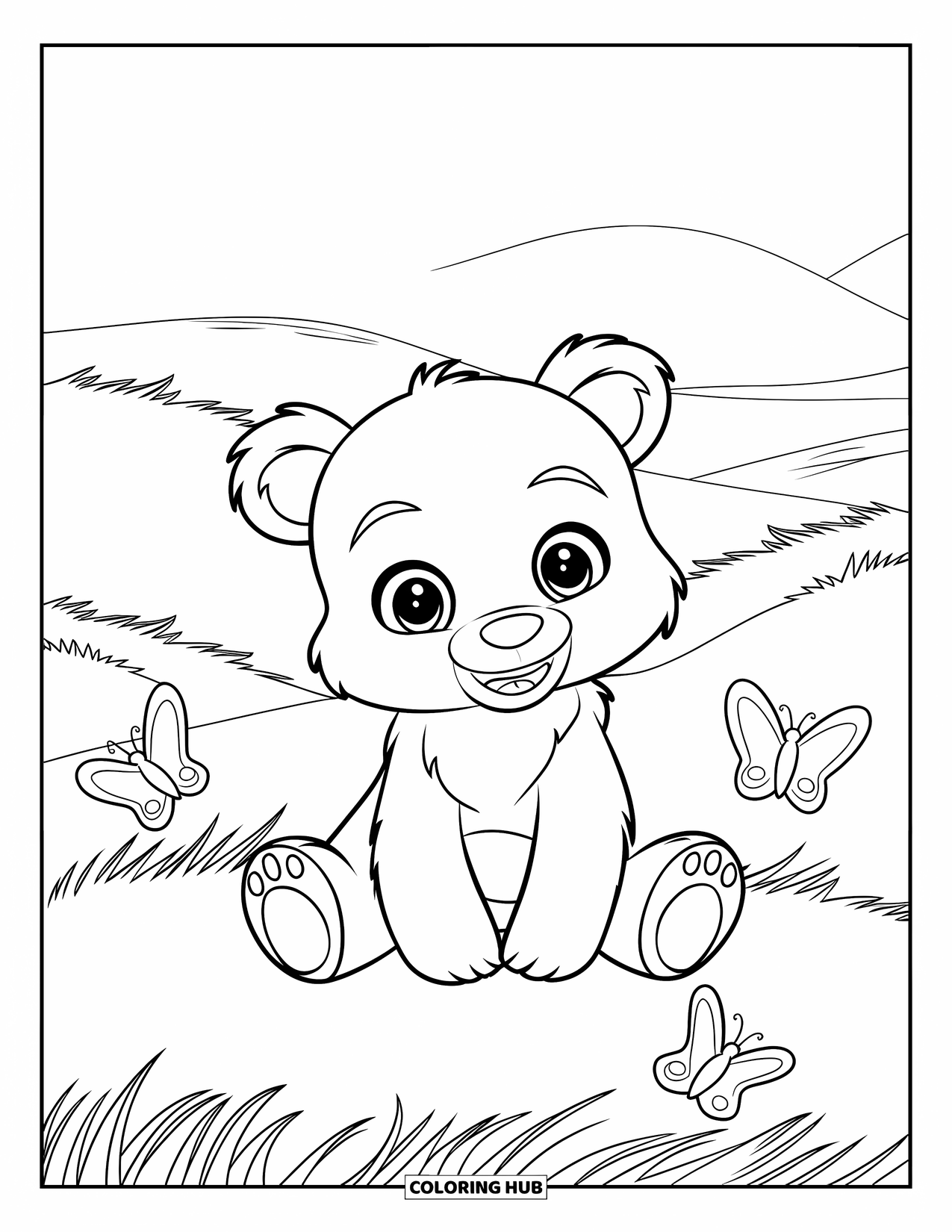 Brown Bear Coloring Page for Kids: A cute bear sits on a grassy hill with butterflies flying around