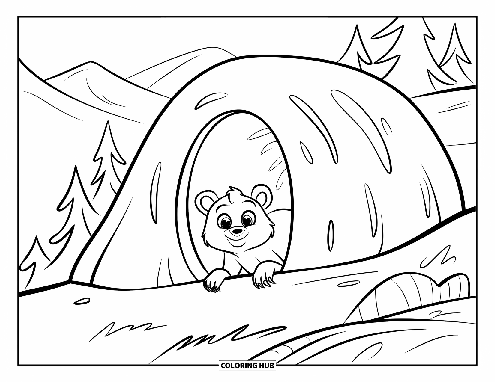 Brown Bear Coloring Page for Kids: A little bear peeks out of a round cave on a quiet hillside
