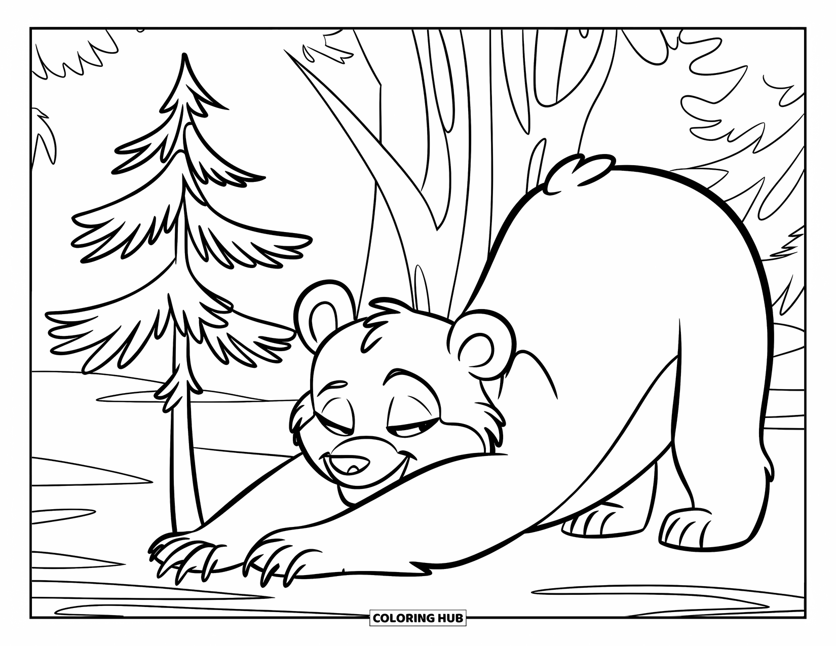 Brown Bear Coloring Page for Kids: A playful bear stretches beside a pine tree in a quiet forest