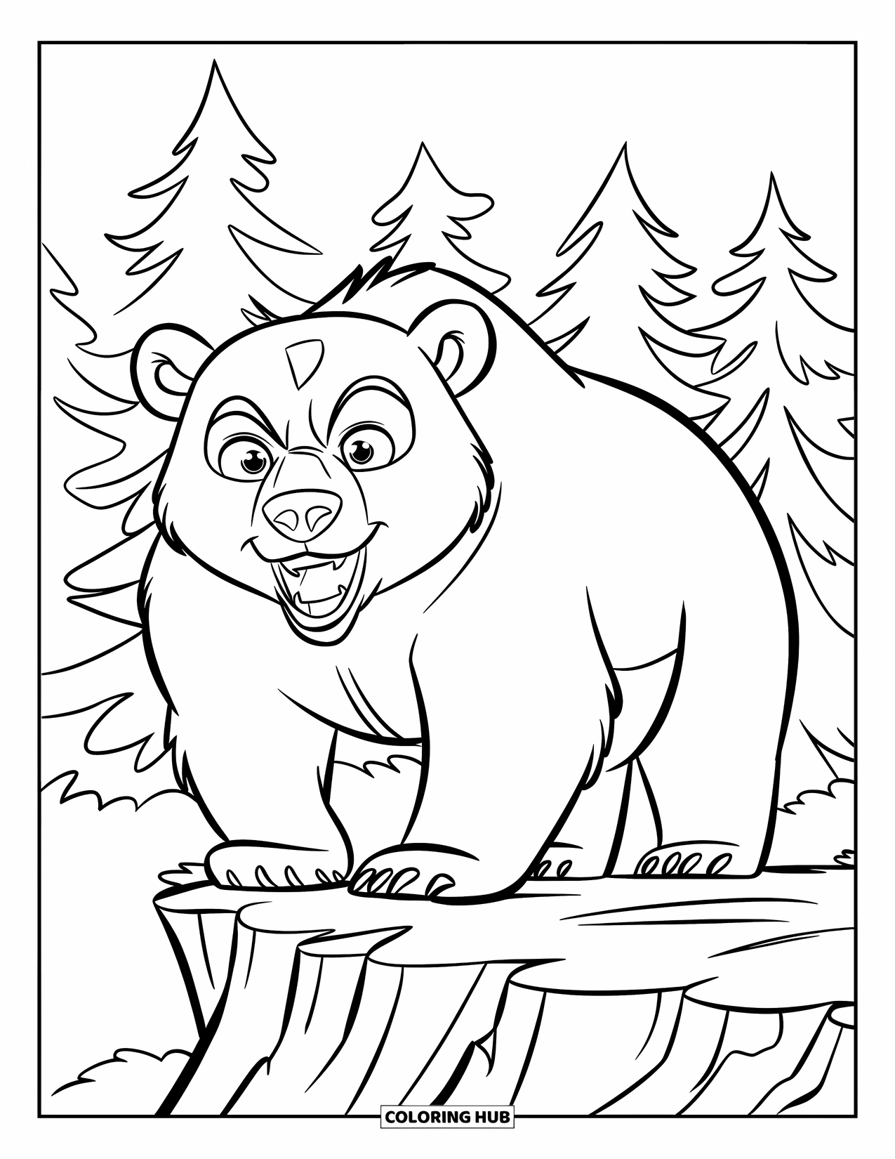 Brown Bear Coloring Page for Kids: A roaring bear stands proud on a cliff among tall pine trees