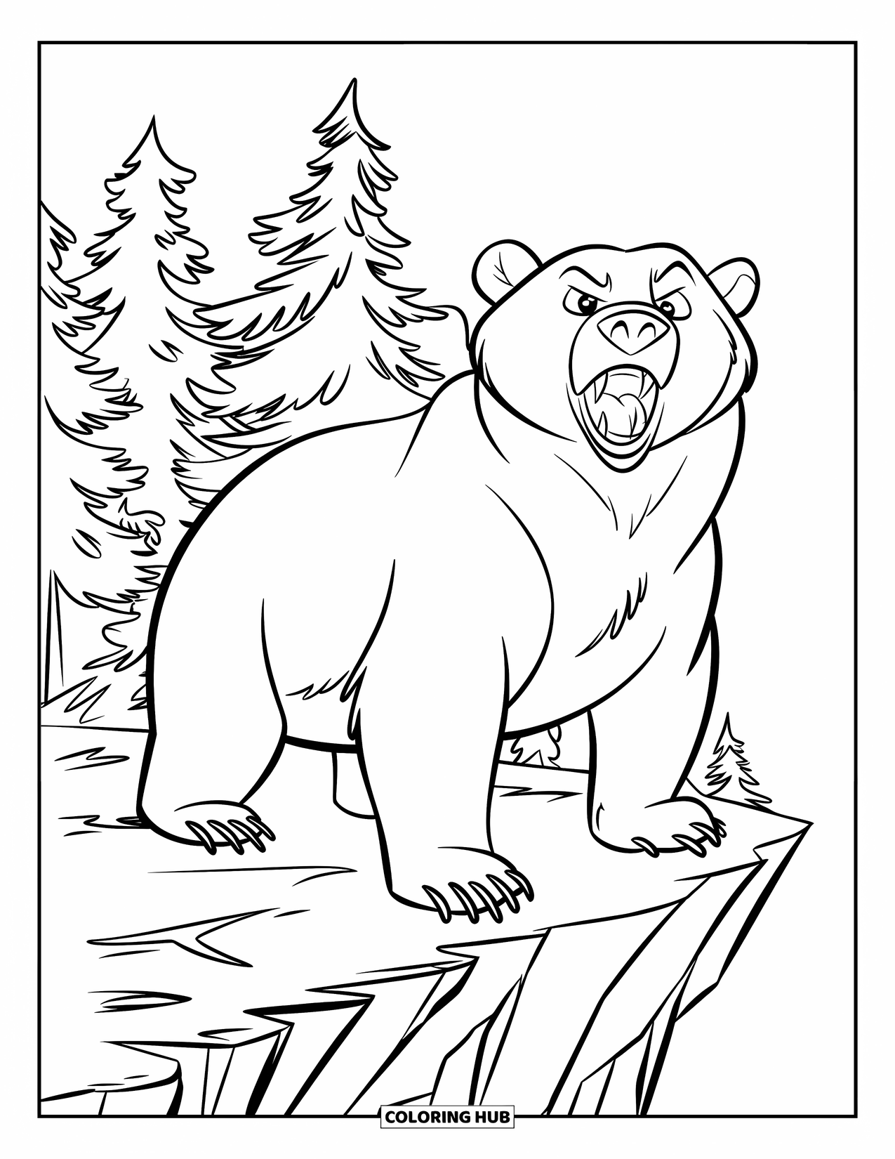 Brown Bear Coloring Page for Kids: A roaring bear stands tall on a cliff with pine trees behind