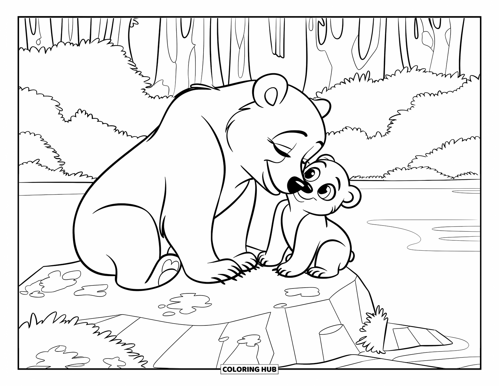 Brown Bear Coloring Page for Kids: A smiling bear mom nudges her cub while resting by a peaceful lake