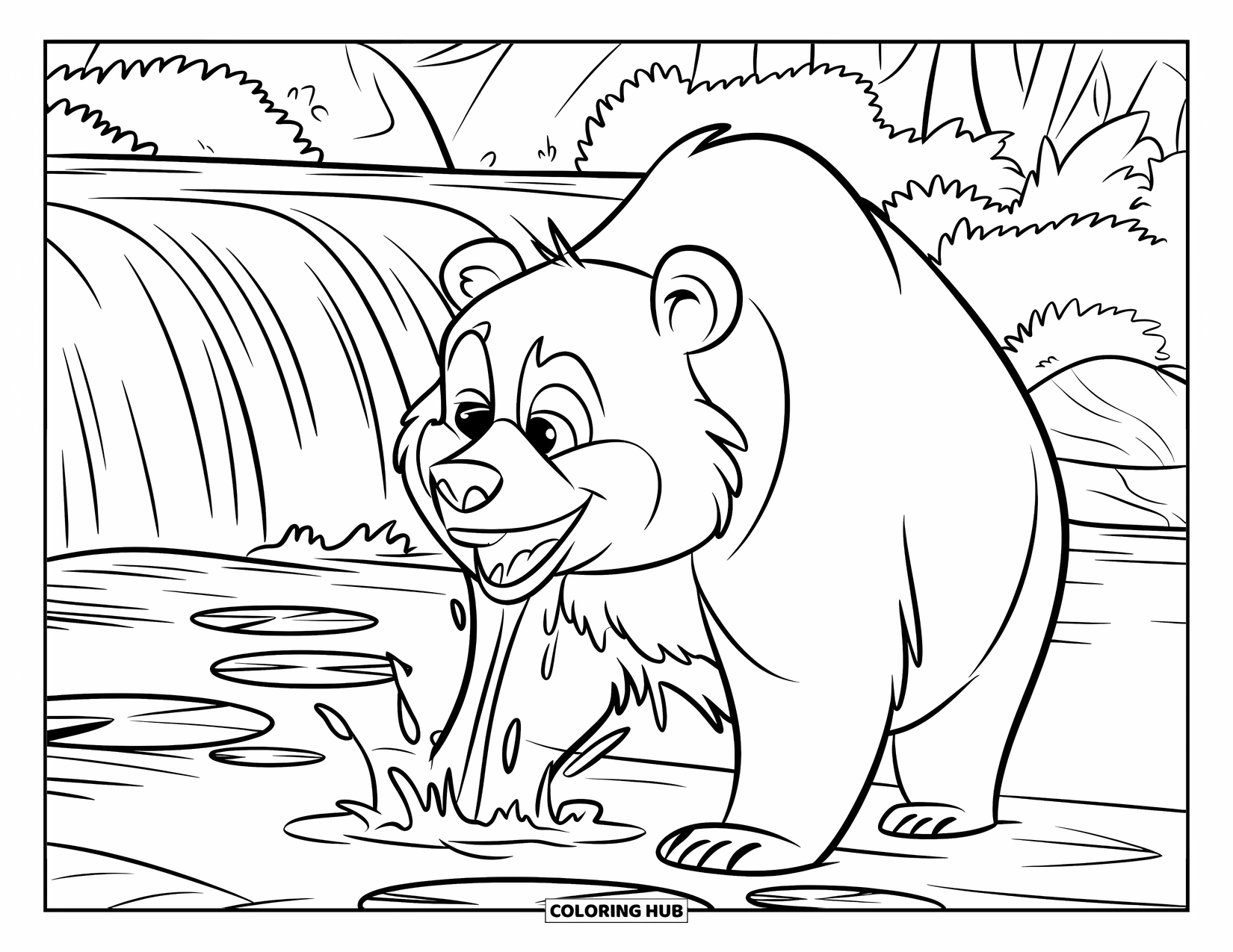 Brown Bear Coloring Page for Kids: A smiling bear shakes off near a waterfall with lily pads floating nearby