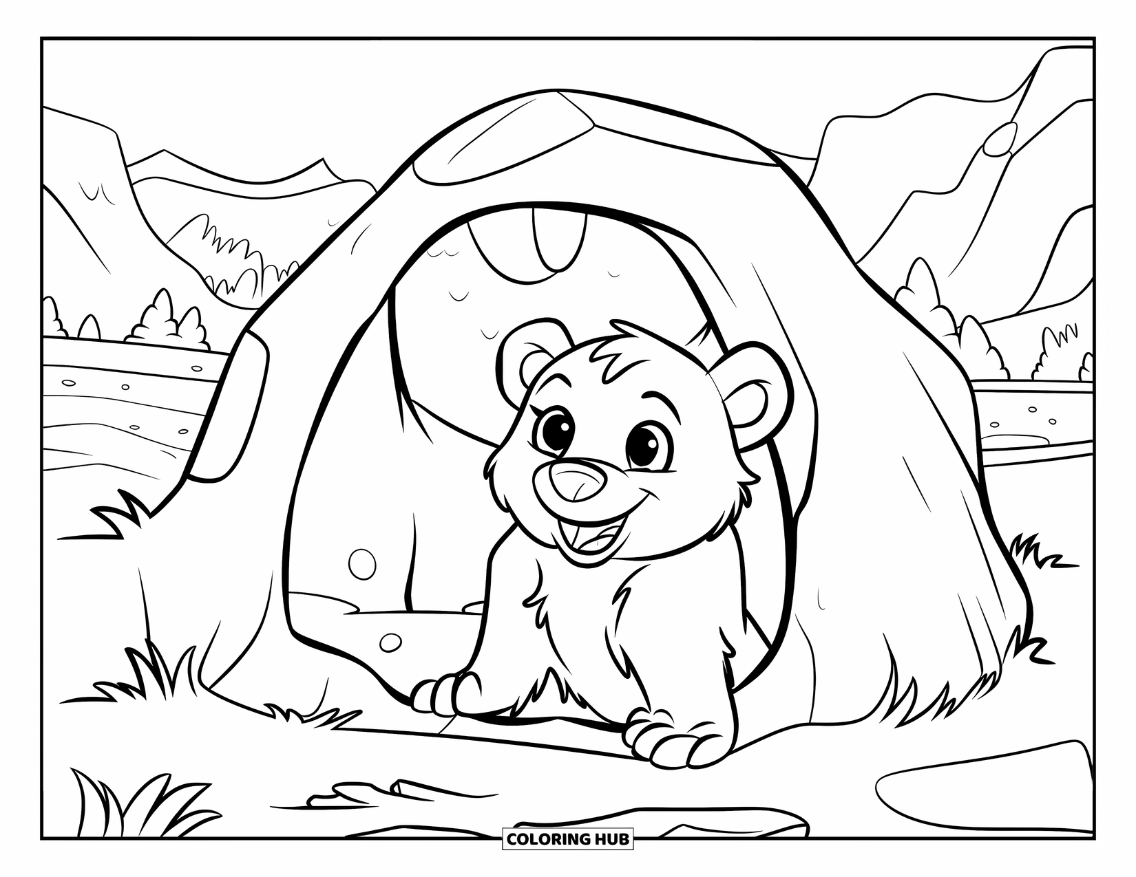 Brown Bear Coloring Page for Kids: A wide-eyed bear peeks from a cave in a peaceful mountain forest