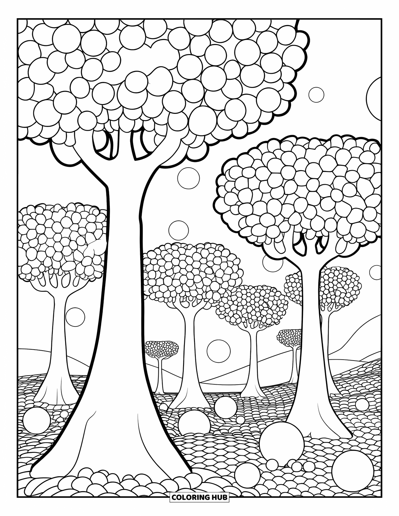 Bubble Coloring Page for Adults: A flower blooms with layered bubble petals in the center of the page
