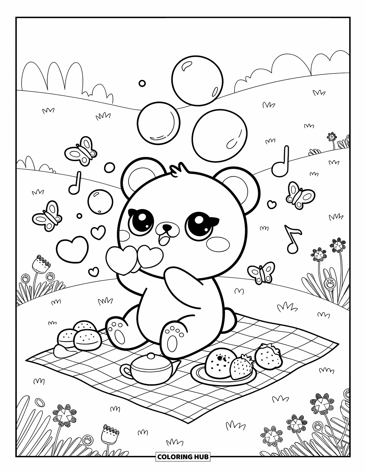 Bubble Coloring Page for Adults: Bear cub blows heart bubbles during a picnic with mochi, tea, and strawberries