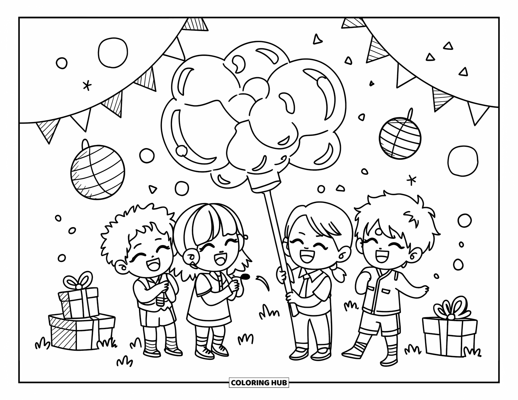Bubble Coloring Page for Adults: Bubbles drift past laughing chibi kids and party decorations on the grass