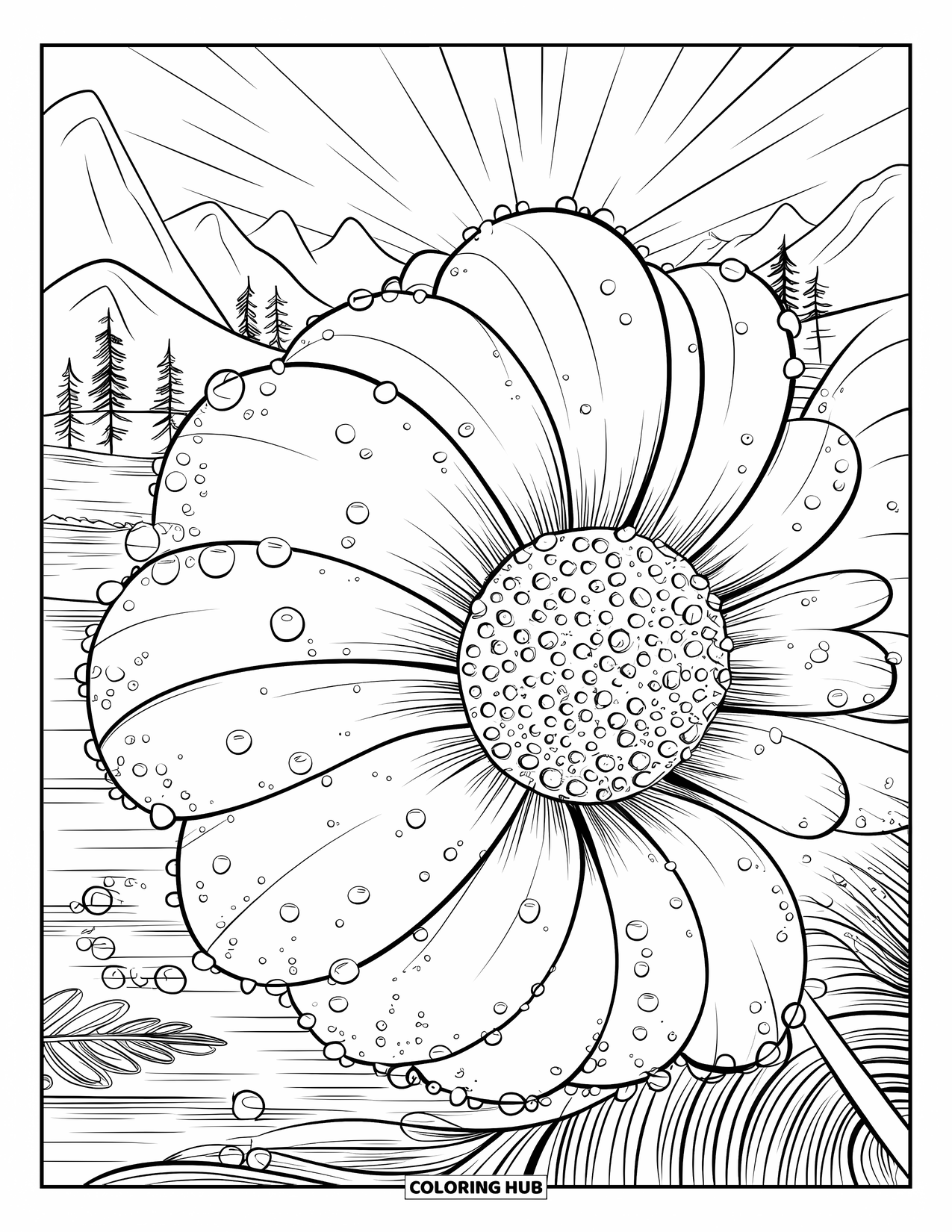 Bubble Coloring Page for Adults: Bubbles form on blooming petals as the sun rises over a calm, natural landscape