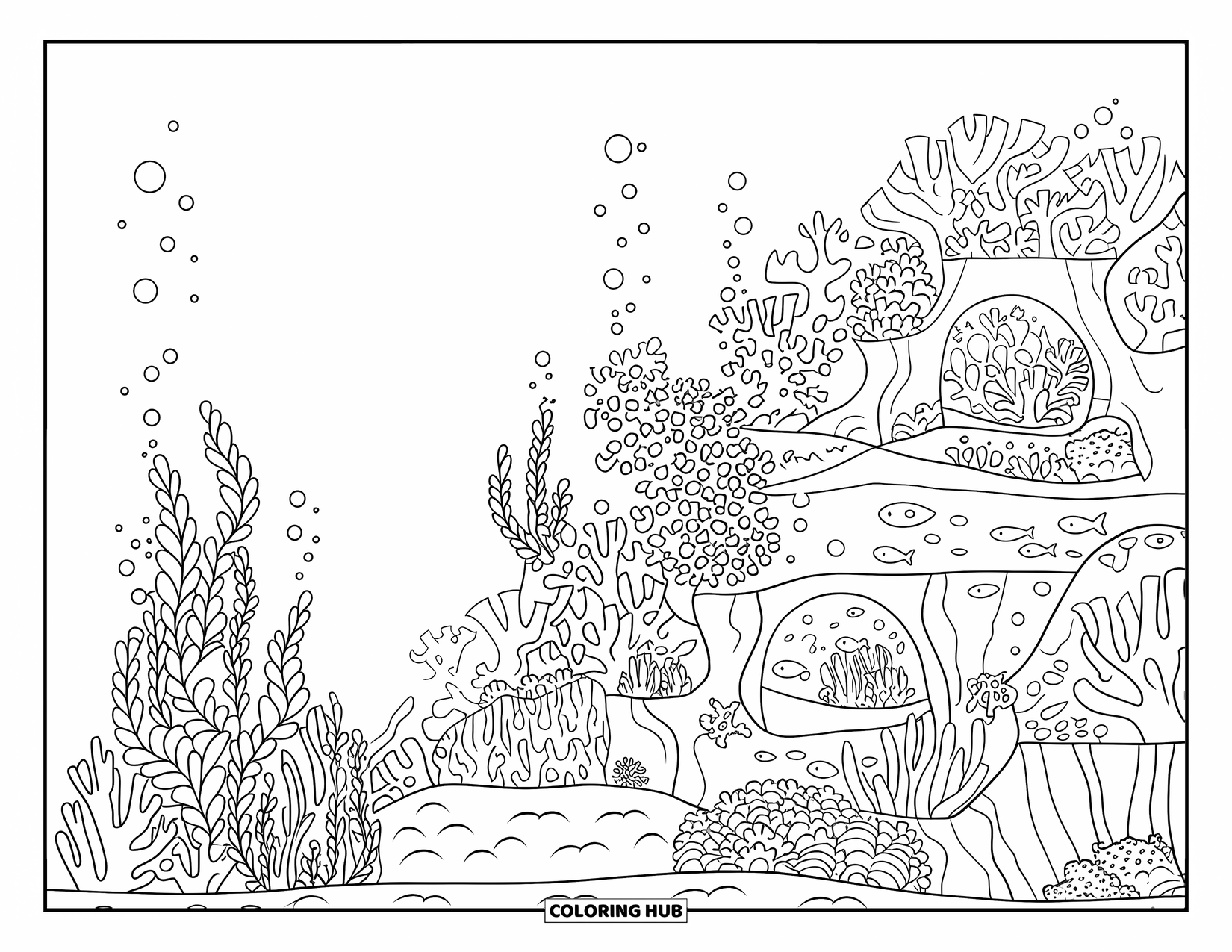 Bubble Coloring Page for Adults: Bubbles rise from coral and sea life in a detailed underwater reef scene