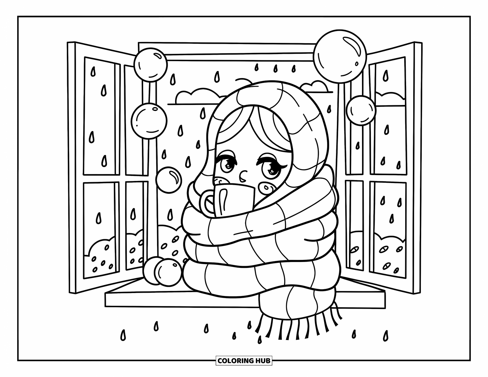 Bubble Coloring Page for Adults: Chibi figure in a scarf enjoys a warm drink while bubbles drift past a rainy window