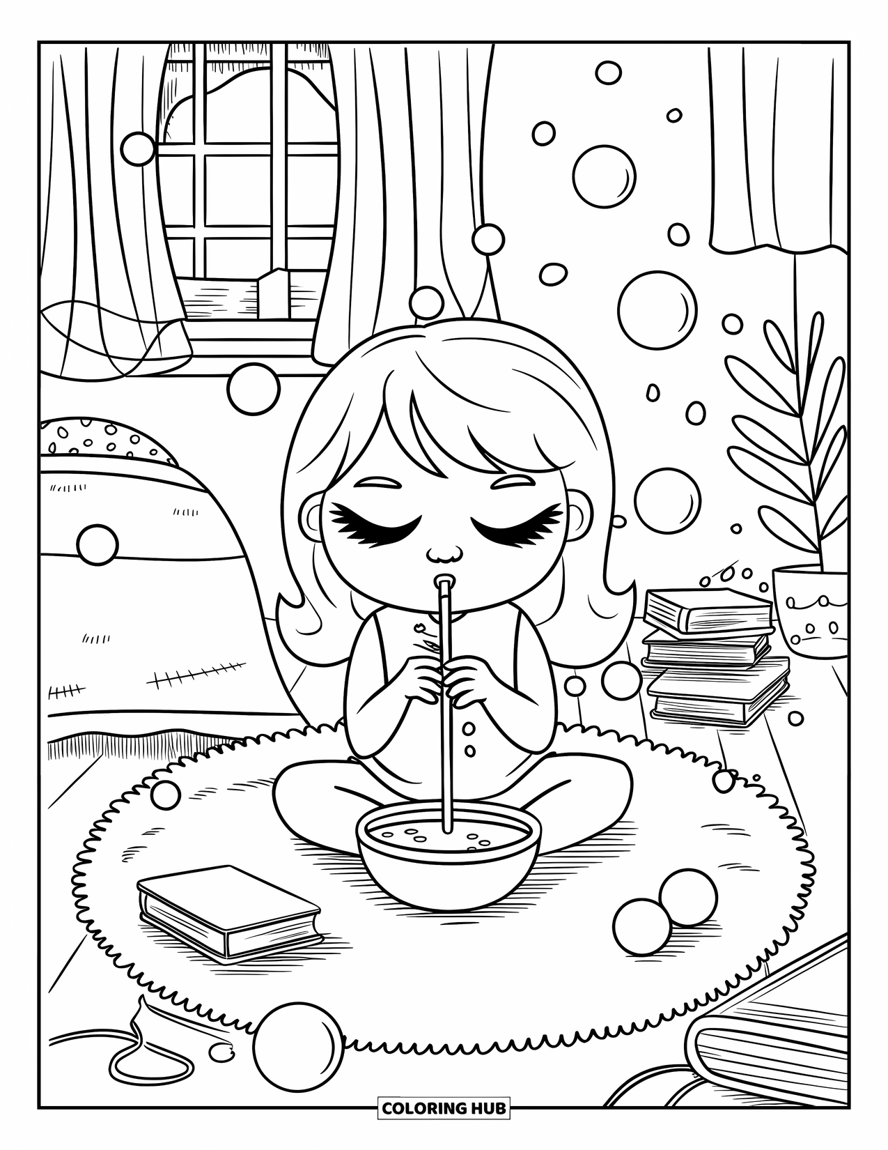 Bubble Coloring Page for Adults: Chibi girl makes bubbles in her room near books, lights, and a cozy window
