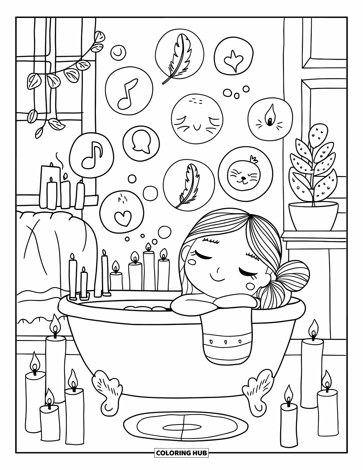 Bubble Coloring Page for Adults: Chibi girl relaxes in a bathtub as bubbles with peaceful symbols float around