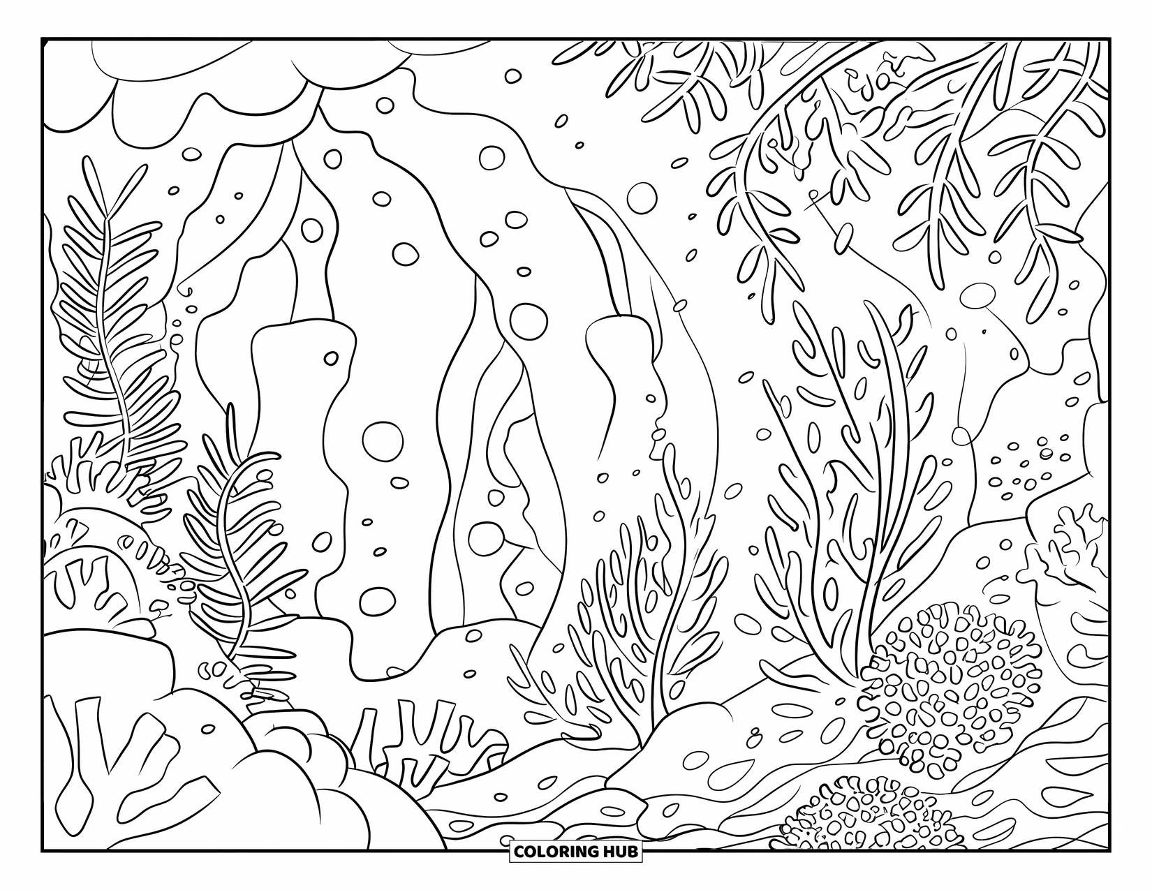 Bubble Coloring Page for Adults: Coral reef teems with bubbles, plants, and hidden caves under the sea
