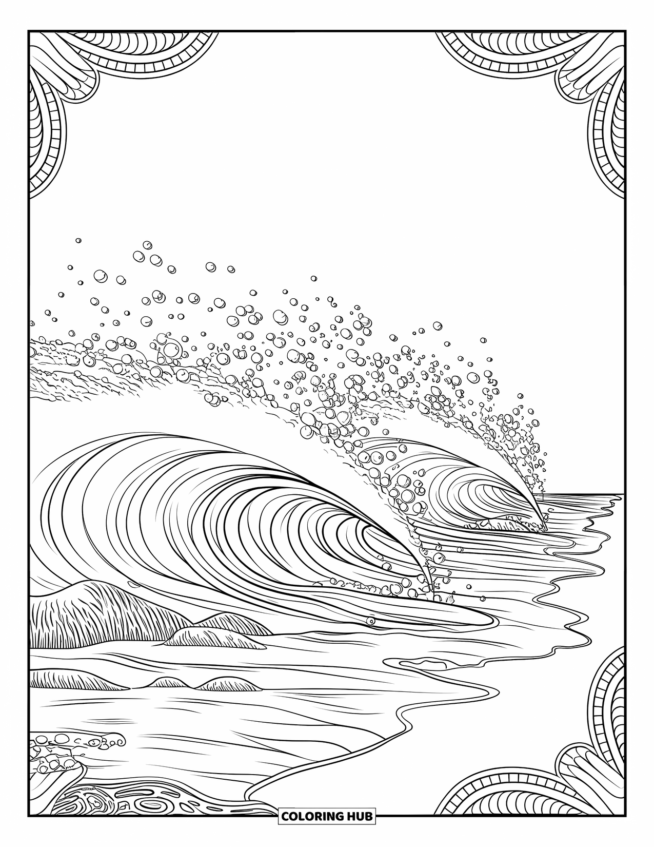 Bubble Coloring Page for Adults: Detailed waves and bubbles crash onto shore in a relaxing ocean scene